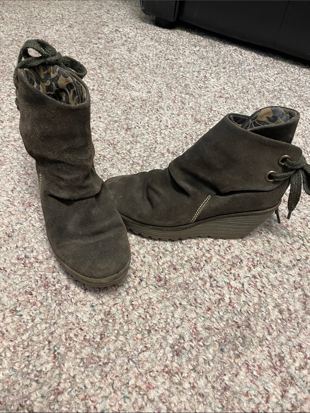 Fly London green Suede Wedge Ankle Boots with tie back